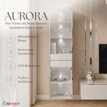 Vitrine für das Wohnzimmer AURORA SILVER mit LED-Beleuchtung