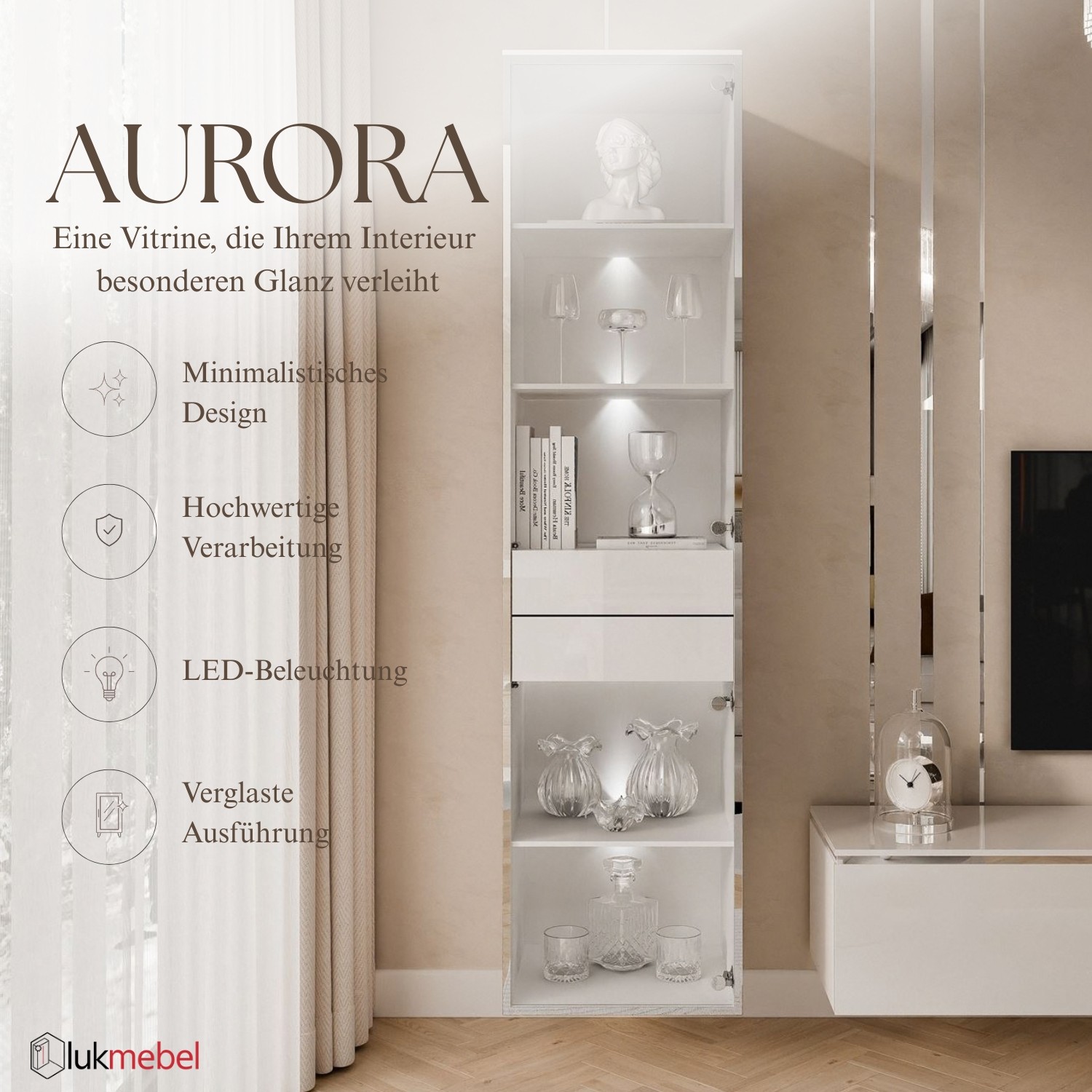 Vitrine für das Wohnzimmer AURORA SILVER mit LED-Beleuchtung