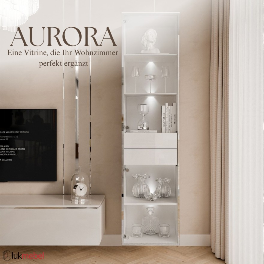 Vitrine für das Wohnzimmer AURORA SILVER mit LED-Beleuchtung