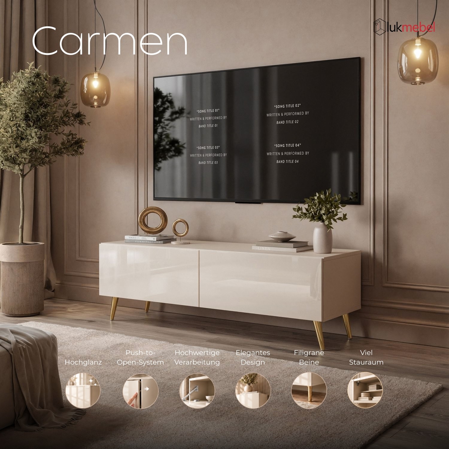 TV-Lowboard CARMEN 125 cm in Kaschmir mit Füßen