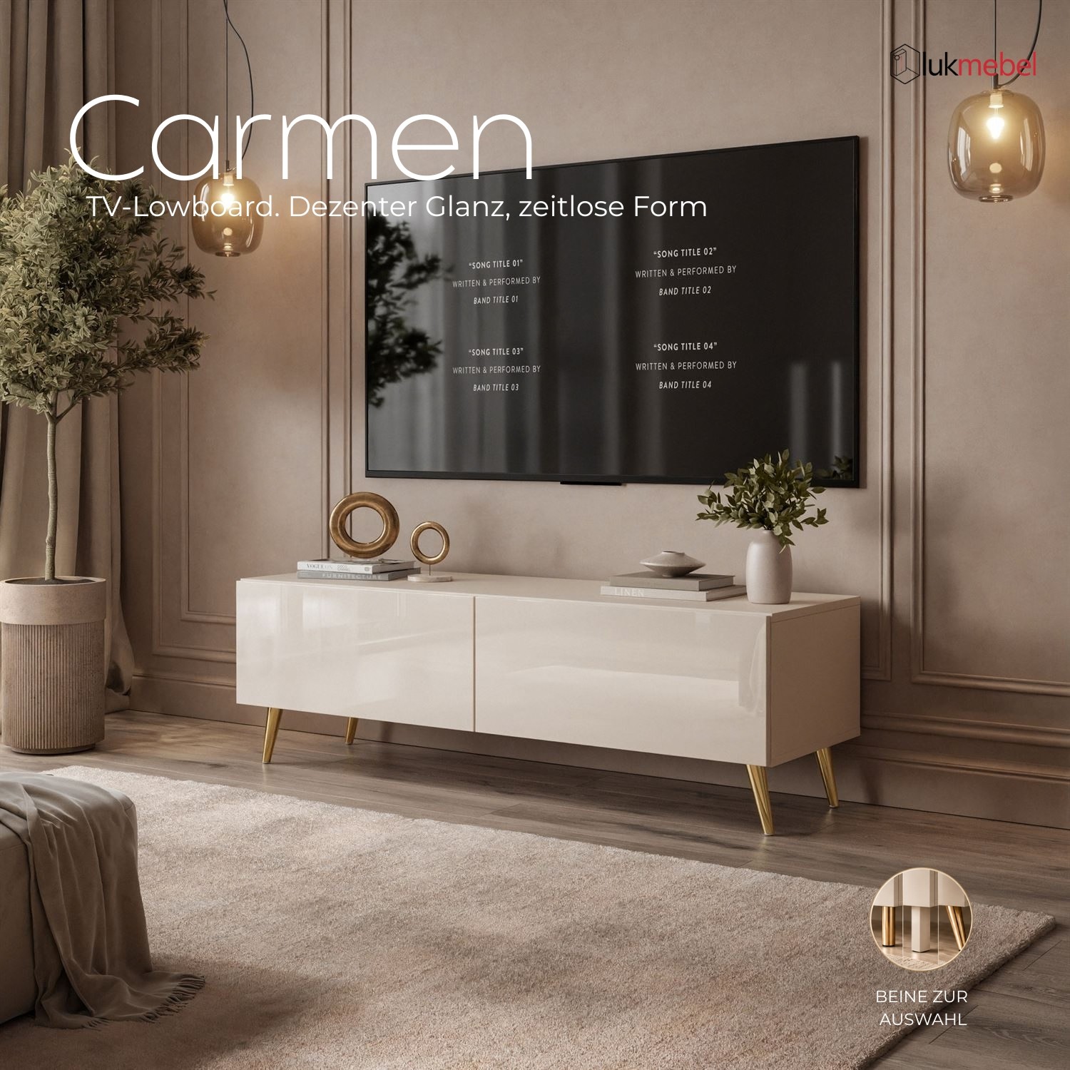 TV-Lowboard CARMEN 125 cm in Kaschmir mit Füßen