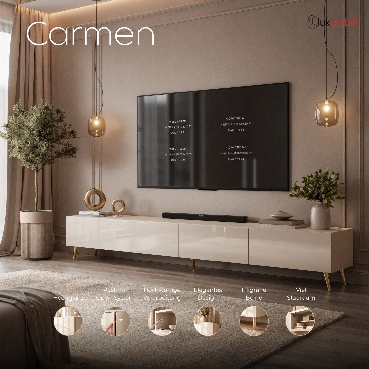 TV-Lowboard CARMEN 250 cm in Kaschmir mit Füßen