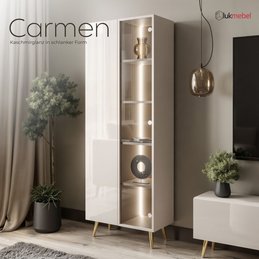 Vitrine CARMEN in Kaschmir mit Füßen und LED-Beleuchtung