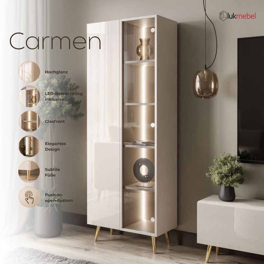 Vitrine CARMEN in Kaschmir mit Füßen und LED-Beleuchtung