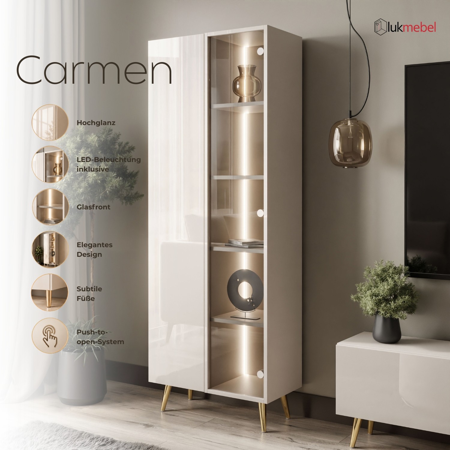 Vitrine CARMEN in Kaschmir mit Füßen und LED-Beleuchtung