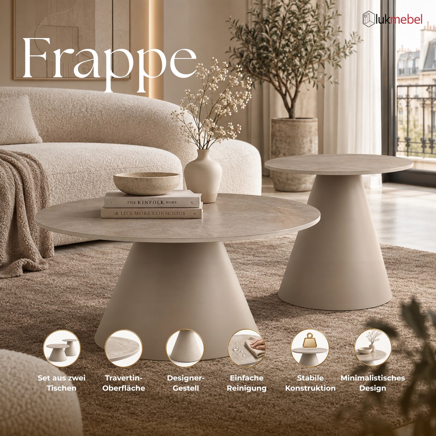 Couchtisch 2er-Set FRAPPE mit Keramikplatte in Travertinoptik