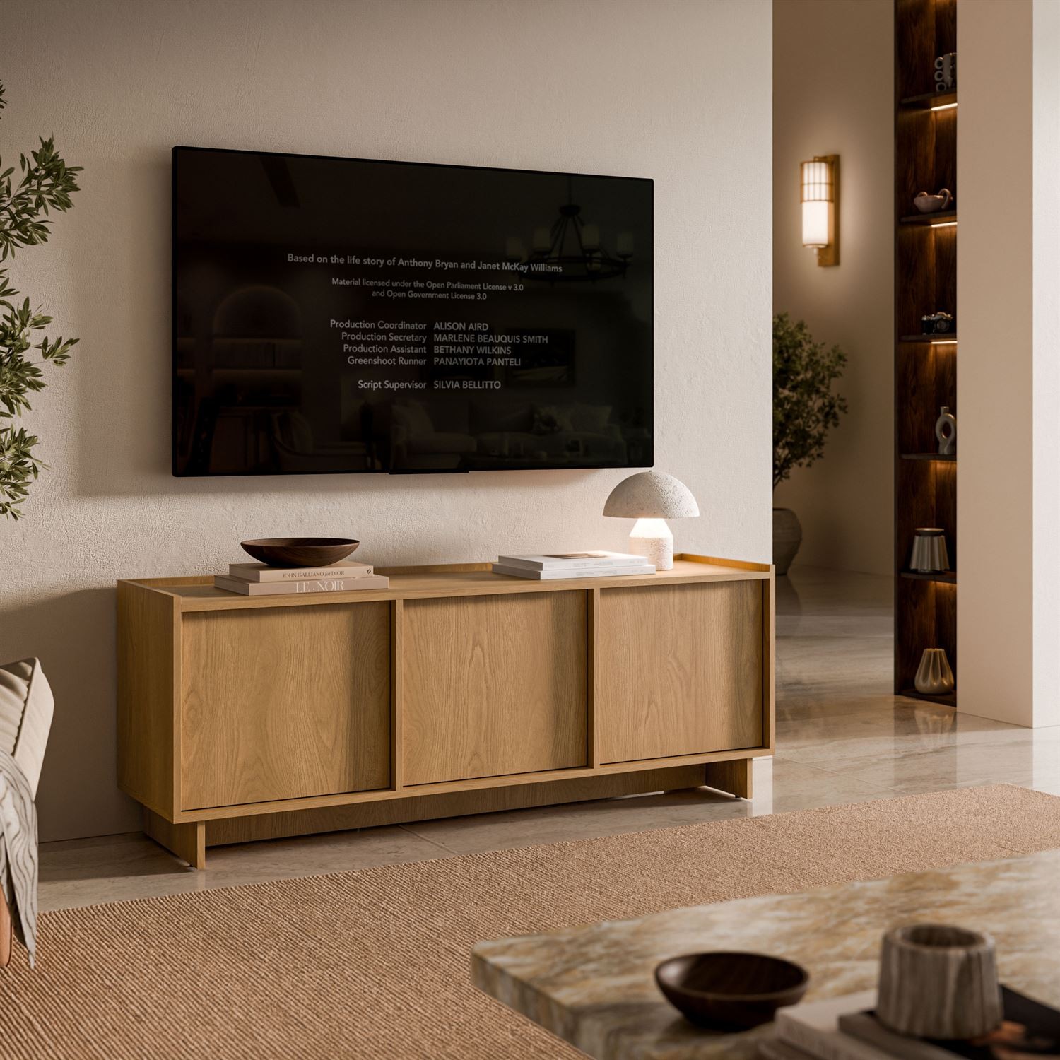 TV-Lowboard YUKI 147 cm 3D in Karamelleiche im Japandi-Stil