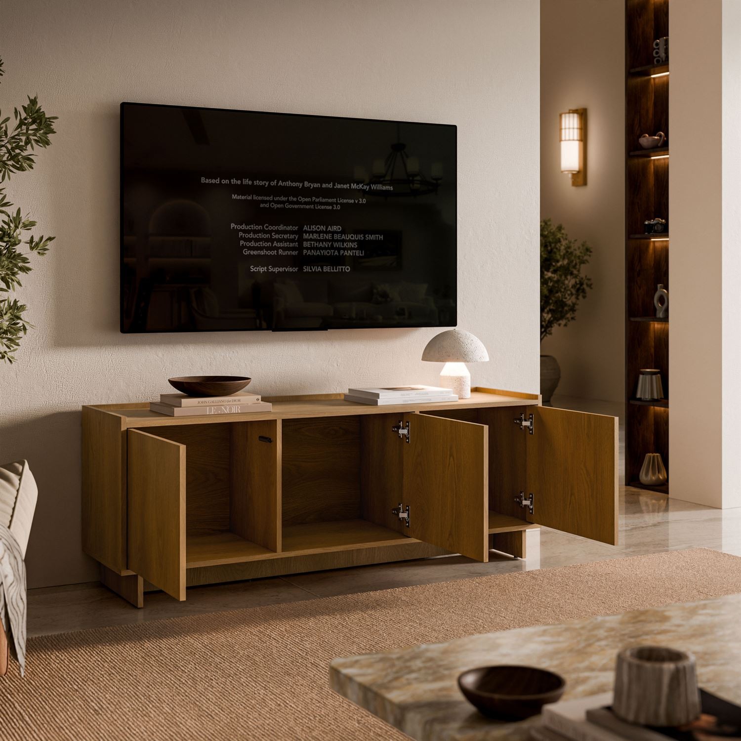 TV-Lowboard YUKI 147 cm 3D in Karamelleiche im Japandi-Stil