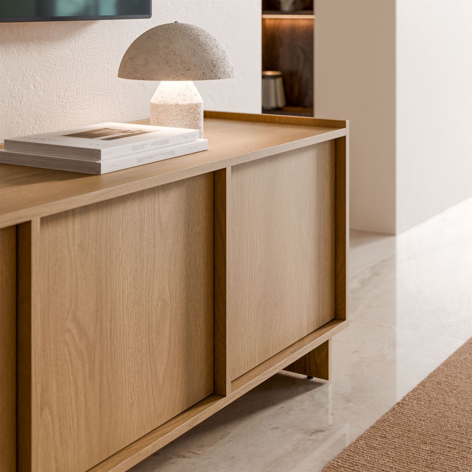 TV-Lowboard YUKI 147 cm 3D in Karamelleiche im Japandi-Stil