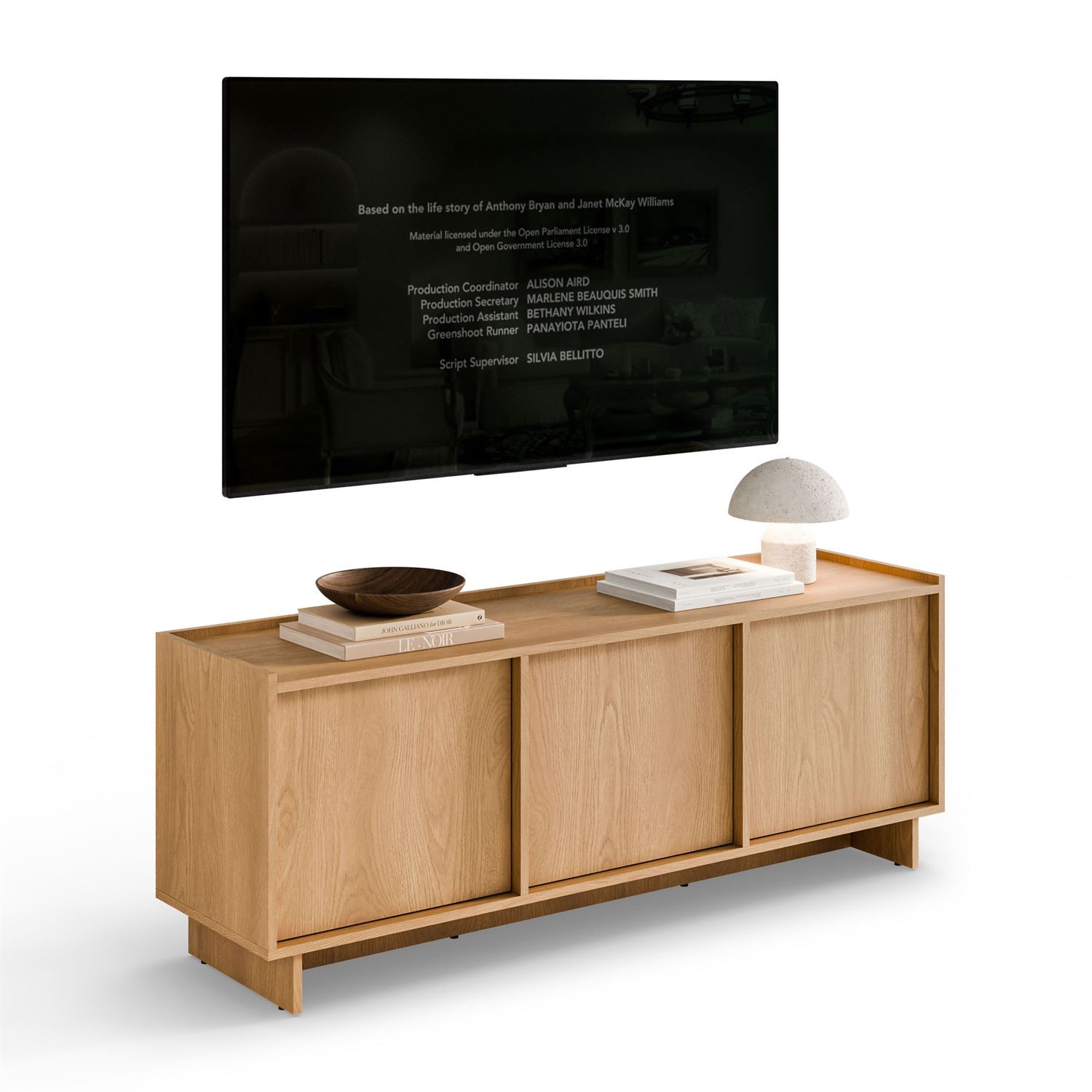 TV-Lowboard YUKI 147 cm 3D in Karamelleiche im Japandi-Stil