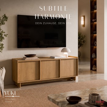 TV-Lowboard YUKI 147 cm 3D in Karamelleiche im Japandi-Stil