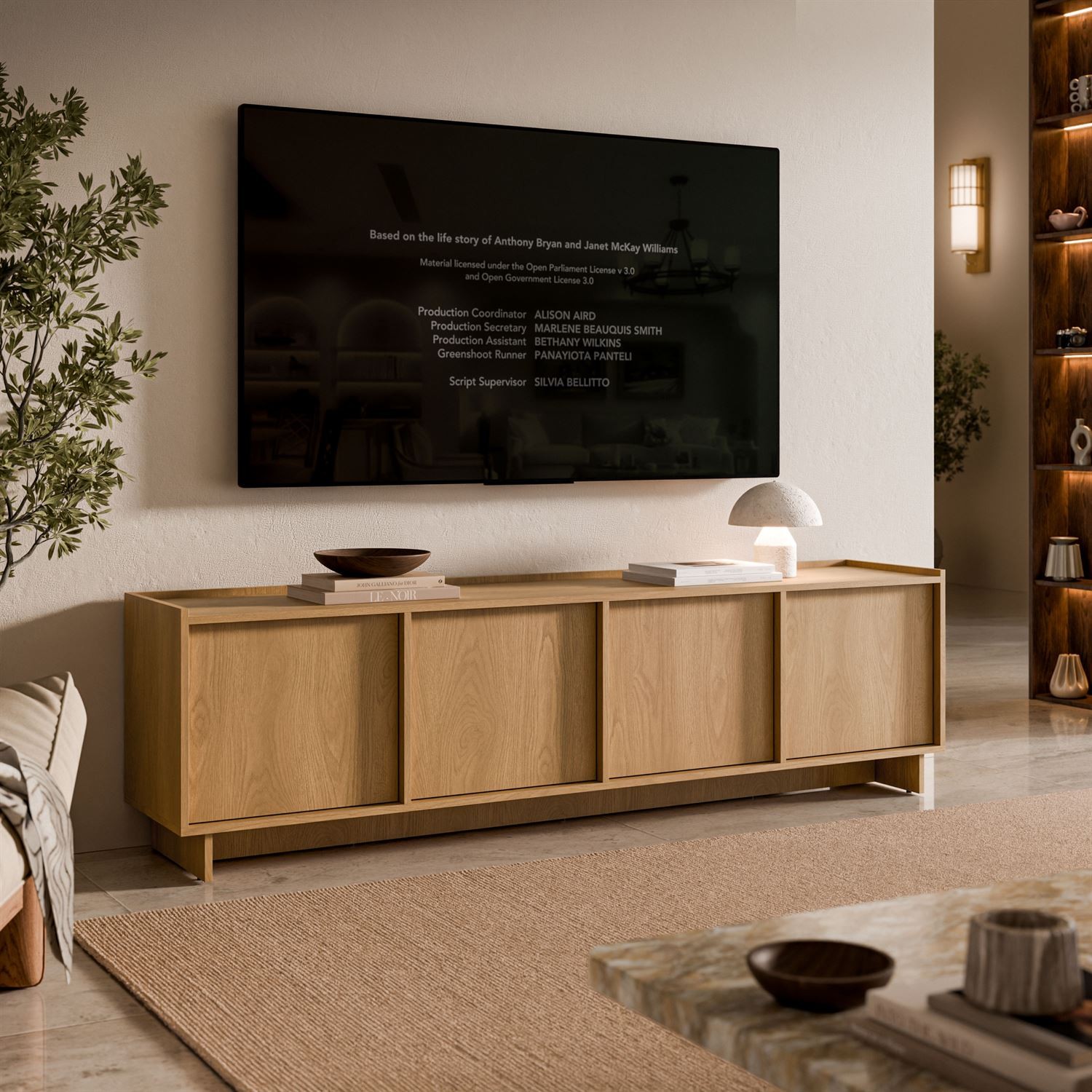 TV-Lowboard YUKI 195 cm 4D in Karamelleiche im Japandi-Stil