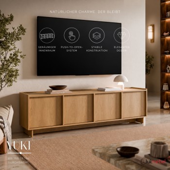 TV-Lowboard YUKI 195 cm 4D in Karamelleiche im Japandi-Stil