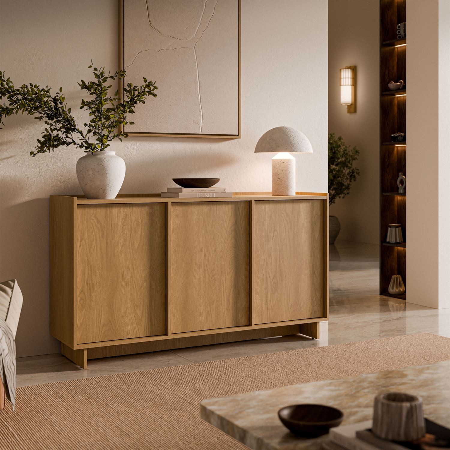 Kommode YUKI 147 cm 3D in Karamelleiche im Japandi-Stil