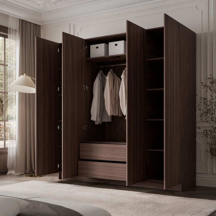 Kleiderschrank AUREL 4D NUSSBAUM mit Spiegel und Schubladen