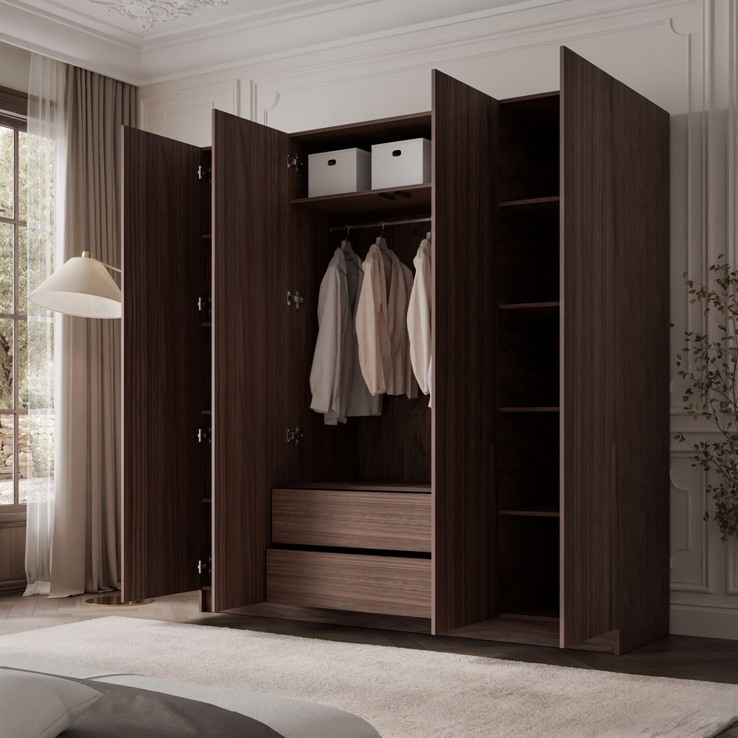 Kleiderschrank AUREL 4D NUSSBAUM mit Spiegel und Schubladen
