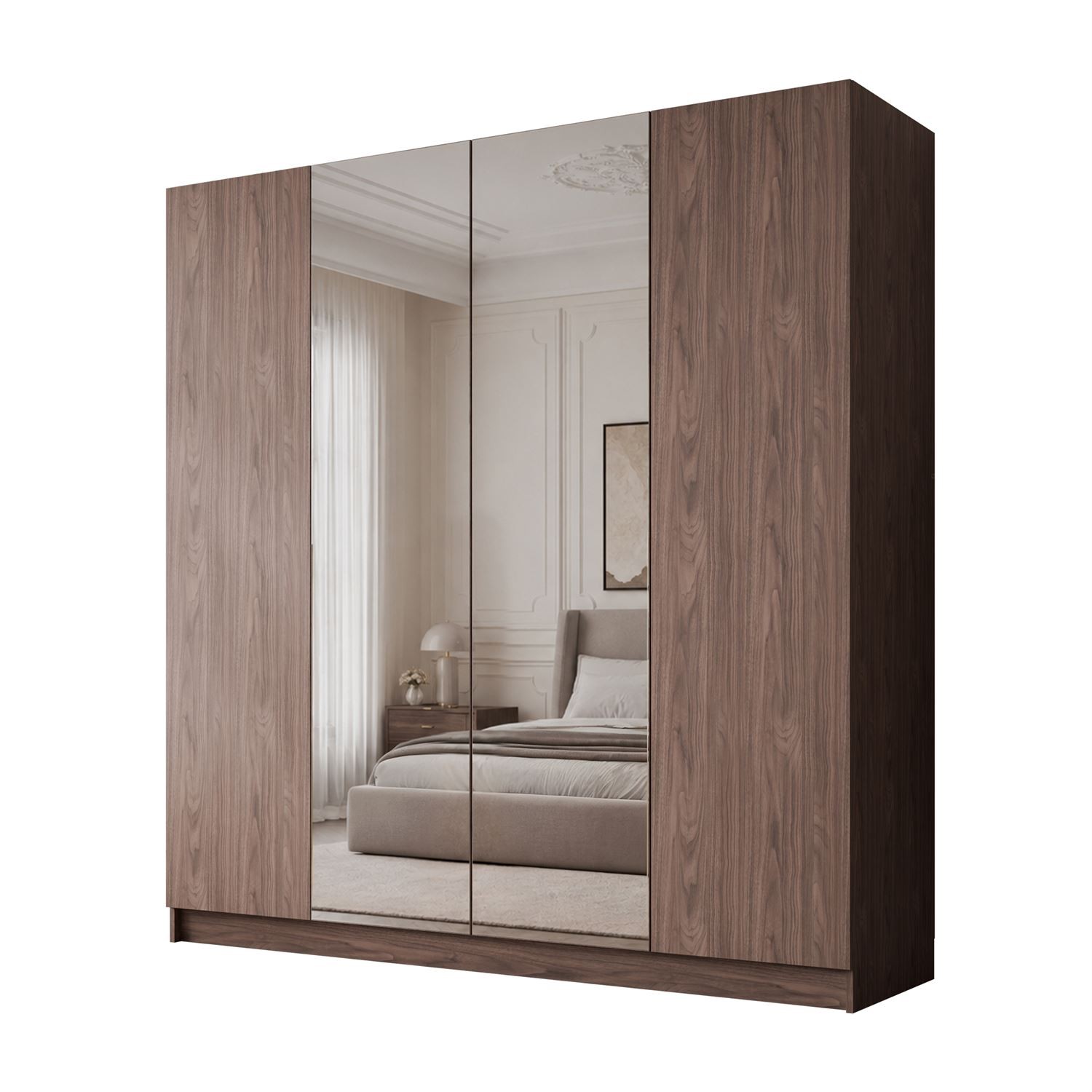 Kleiderschrank AUREL 4D NUSSBAUM mit Spiegel und Schubladen