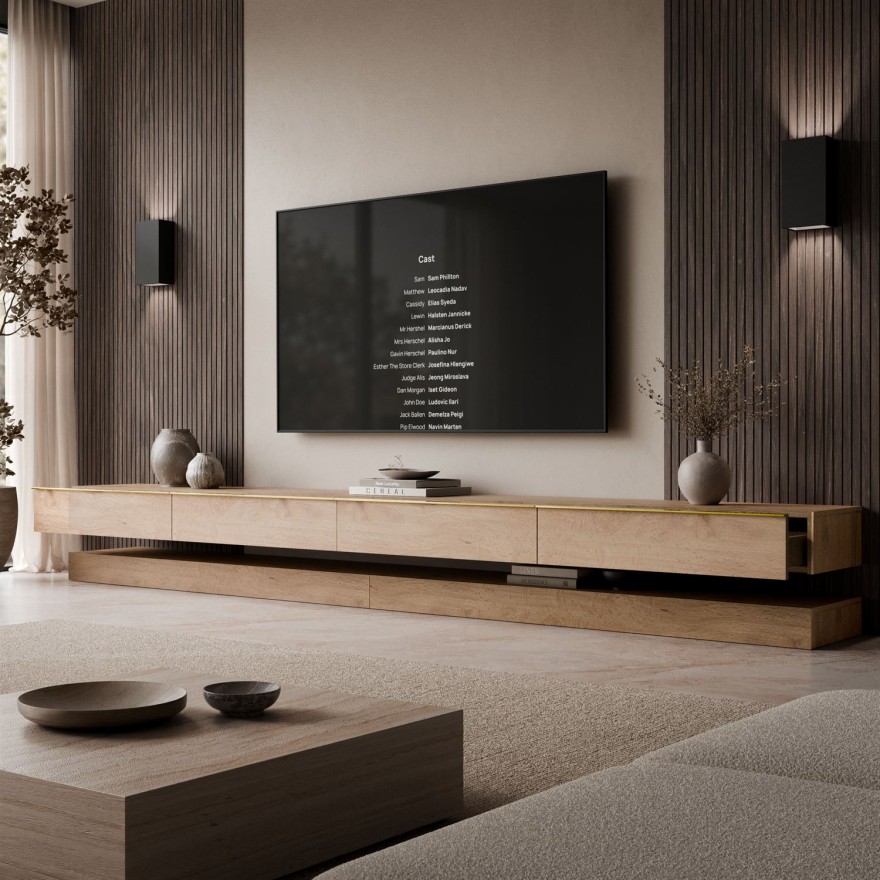 TV-Lowboard SKY II 280 cm mit LED-Beleuchtung und goldenen Griffen