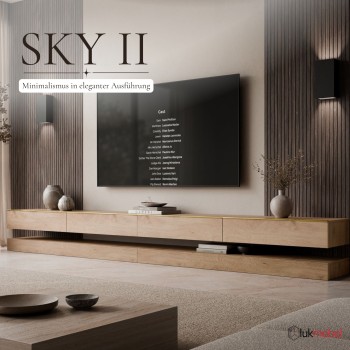 TV-Lowboard SKY II 280 cm mit LED-Beleuchtung und goldenen Griffen