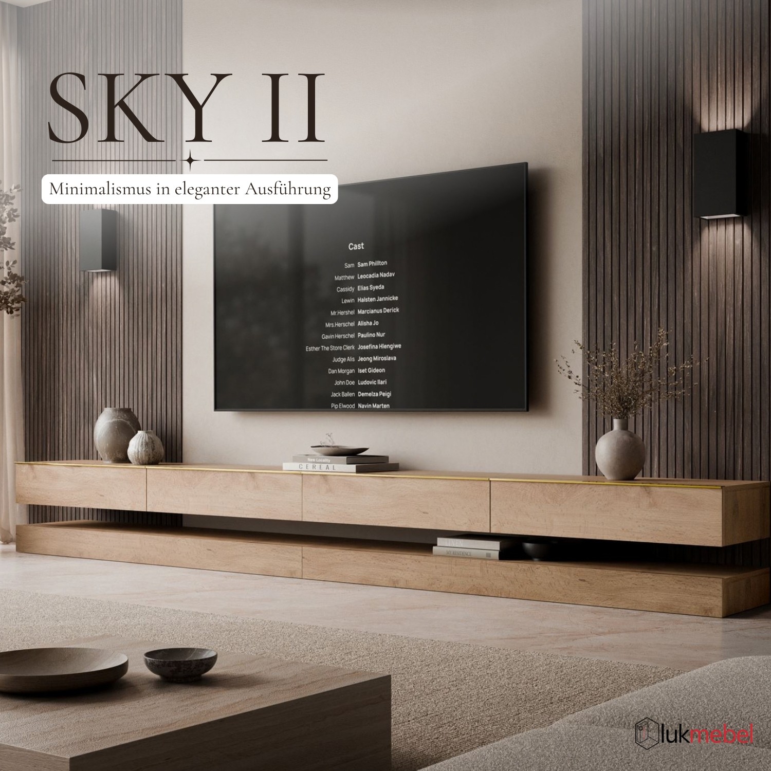 TV-Lowboard SKY II 280 cm mit LED-Beleuchtung und goldenen Griffen