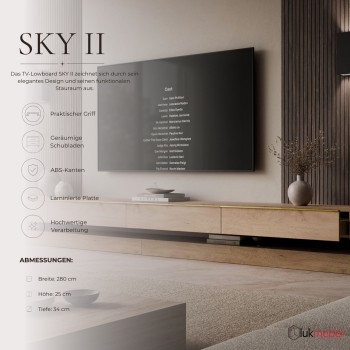 TV-Lowboard SKY II 280 cm mit LED-Beleuchtung und goldenen Griffen