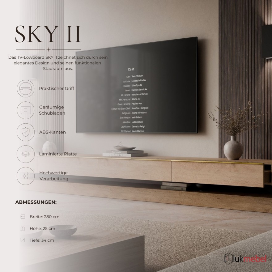 TV-Lowboard SKY II 280 cm mit LED-Beleuchtung und goldenen Griffen