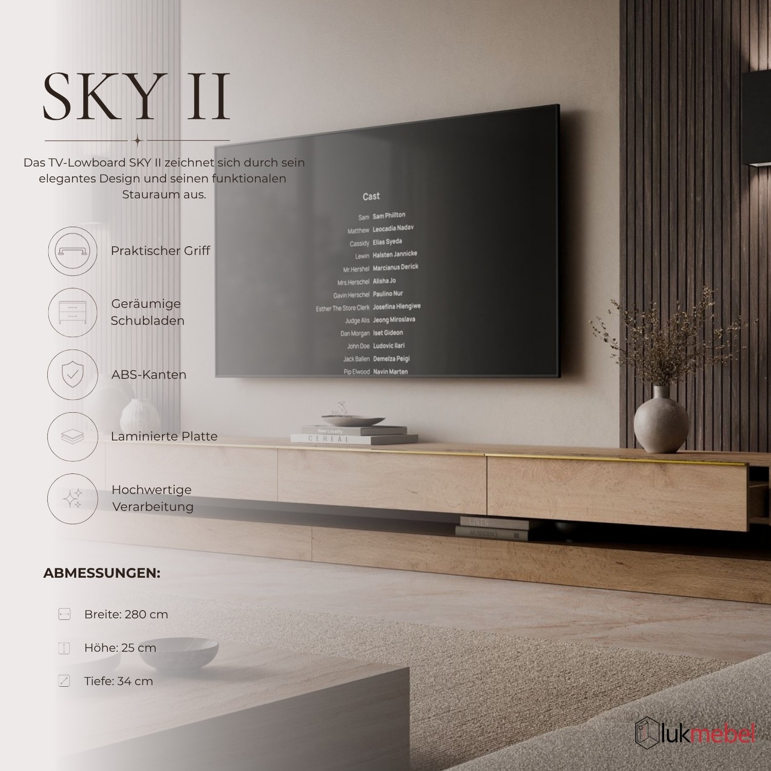 TV-Lowboard SKY II 280 cm mit LED-Beleuchtung und goldenen Griffen