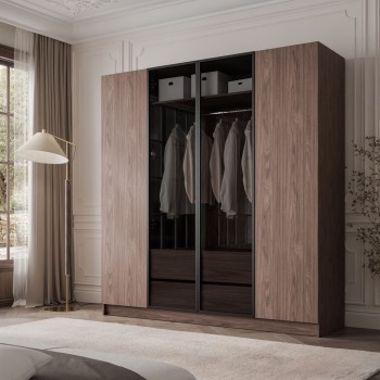 Kleiderschrank ATRIUM 4D NUSSBAUM mit Glasfront und schwarzen Rahmen