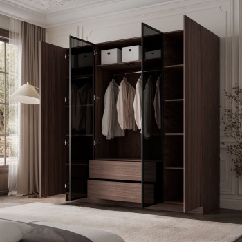 Kleiderschrank ATRIUM 4D NUSSBAUM mit Glasfront und schwarzen Rahmen