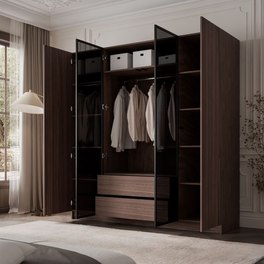 Kleiderschrank ATRIUM 4D NUSSBAUM mit Glasfront und schwarzen Rahmen