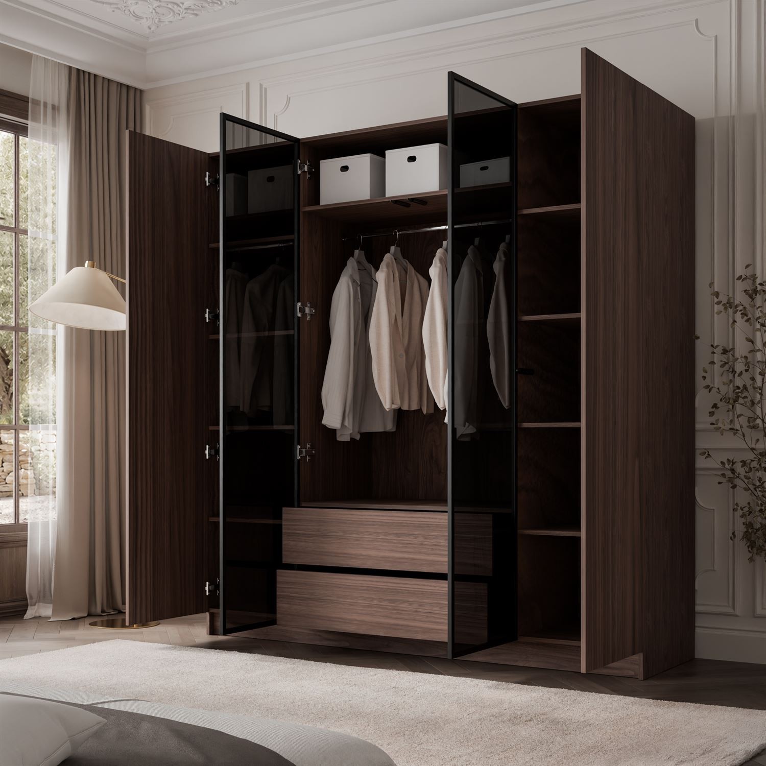 Kleiderschrank ATRIUM 4D NUSSBAUM mit Glasfront und schwarzen Rahmen