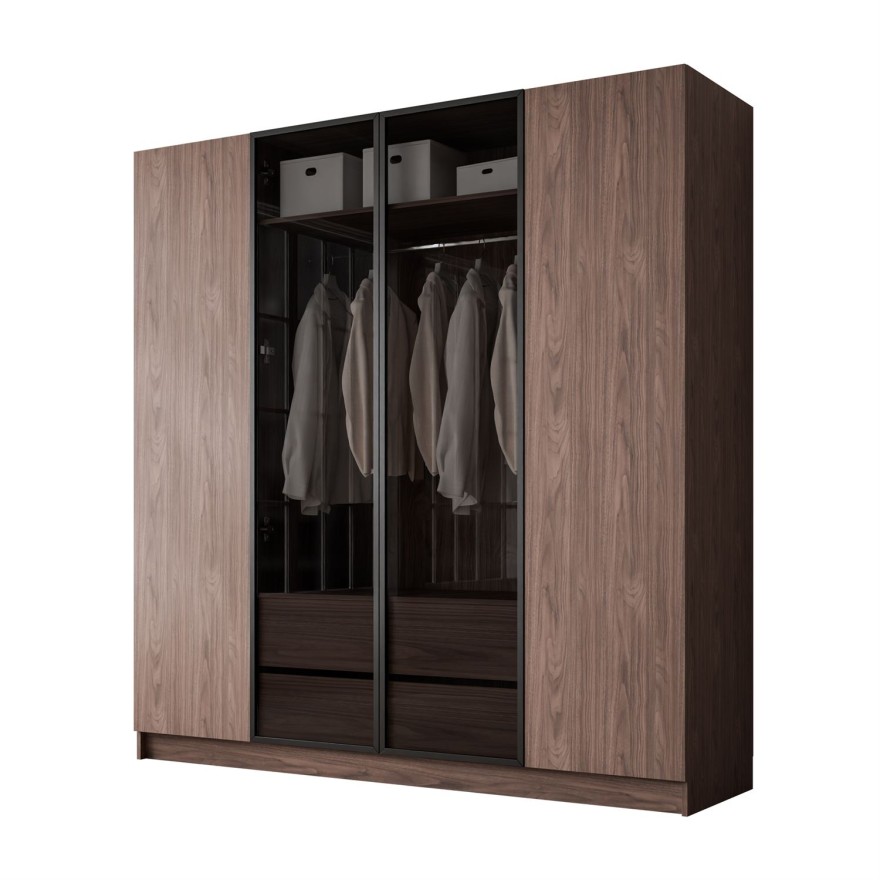 Kleiderschrank ATRIUM 4D NUSSBAUM mit Glasfront und schwarzen Rahmen