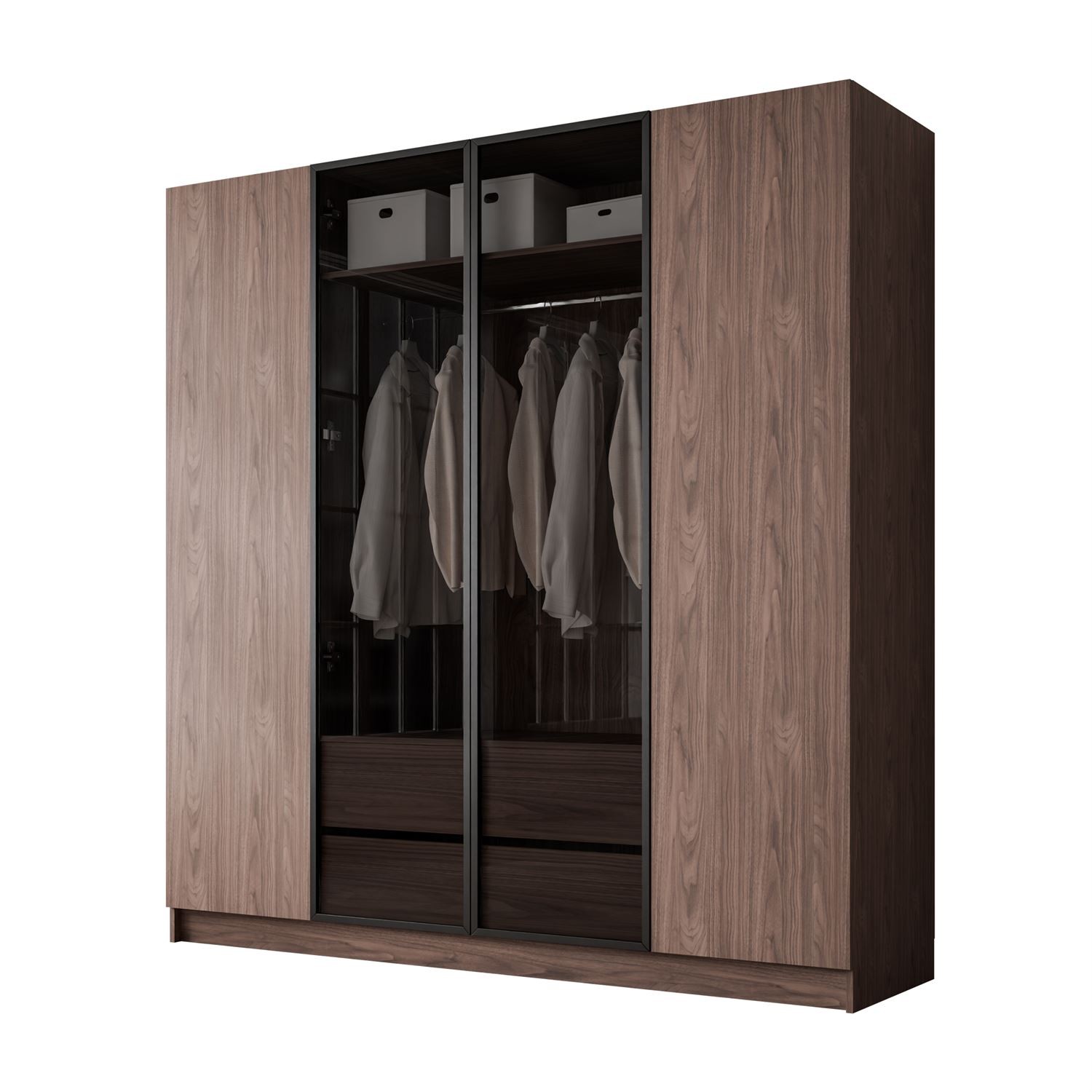 Kleiderschrank ATRIUM 4D NUSSBAUM mit Glasfront und schwarzen Rahmen