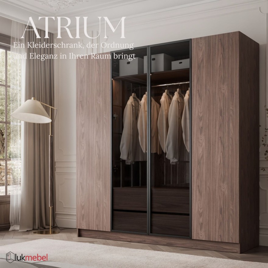 Kleiderschrank ATRIUM 4D NUSSBAUM mit Glasfront und schwarzen Rahmen