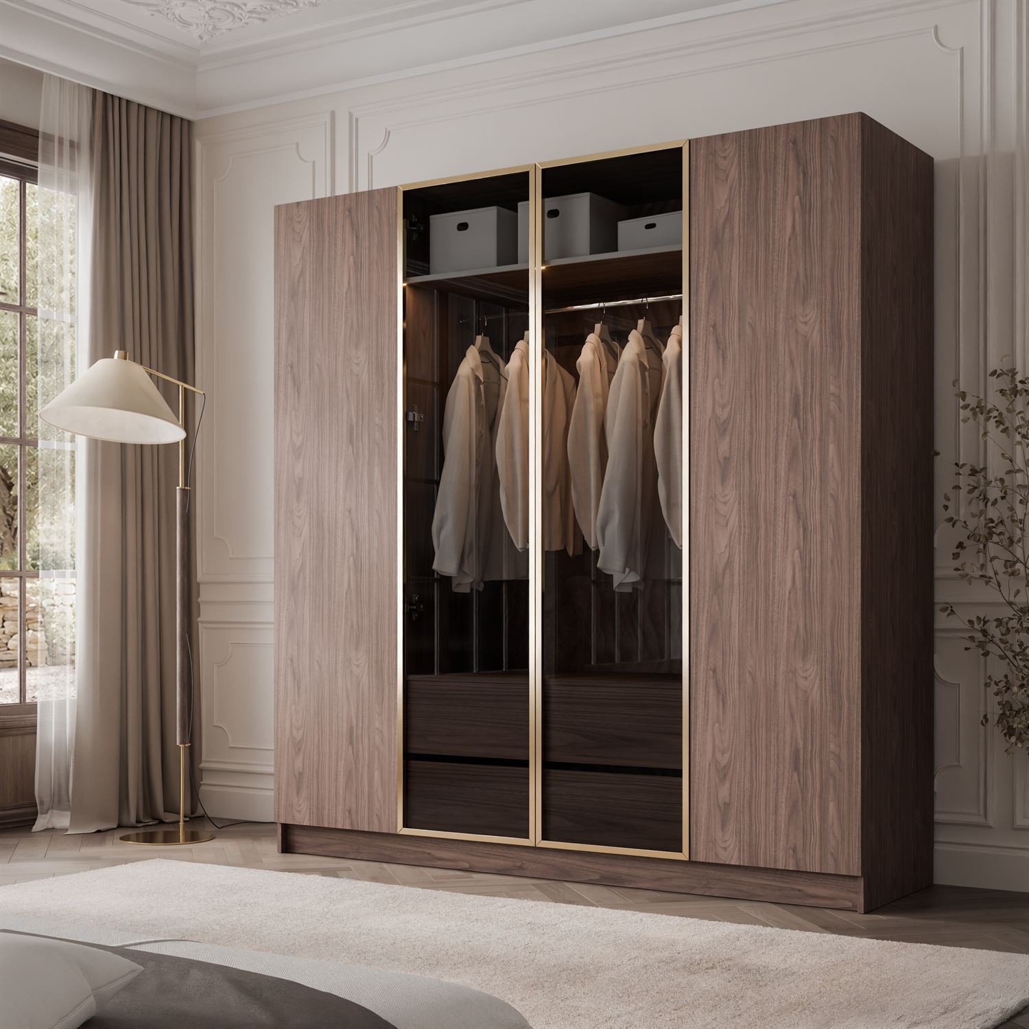Kleiderschrank ATRIUM 4D NUSSBAUM GOLD mit Glasfront