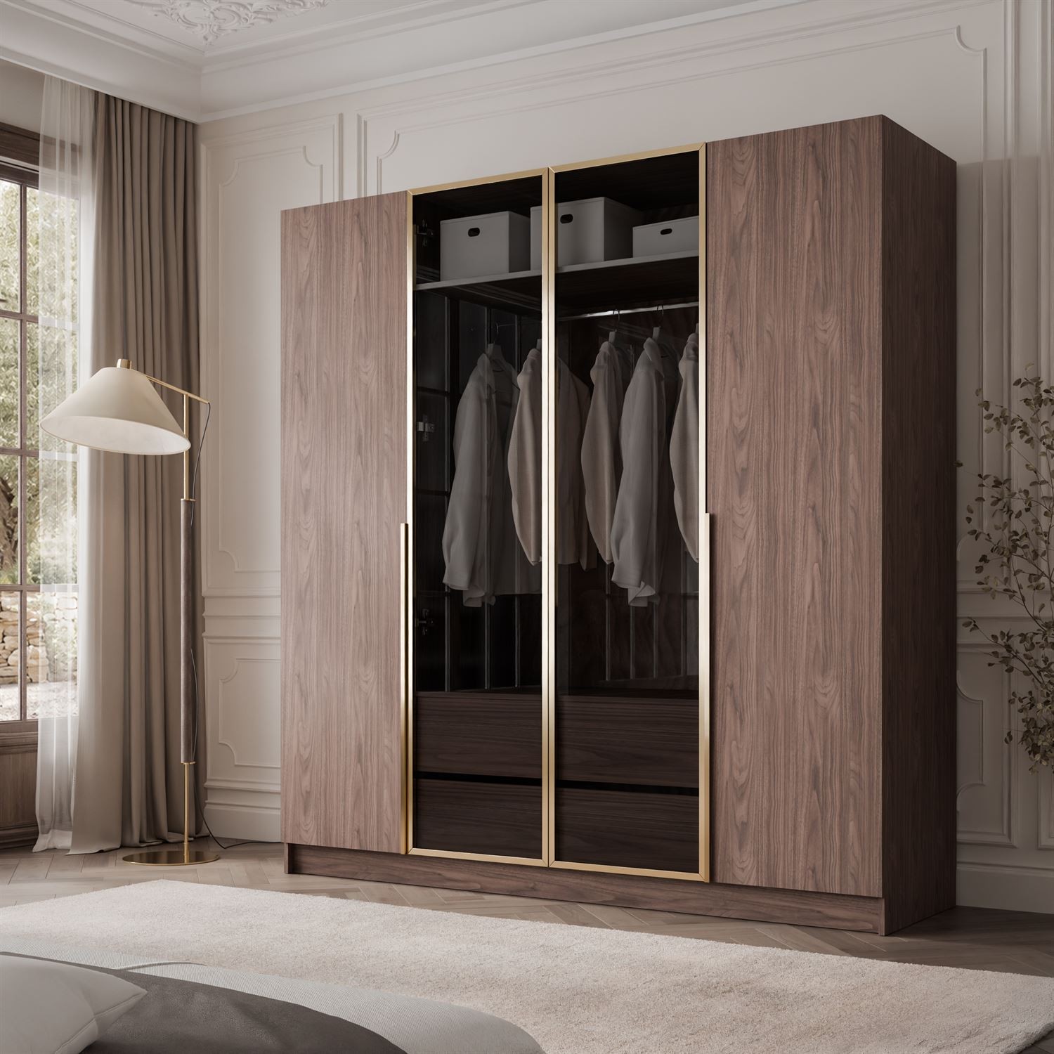 Kleiderschrank ATRIUM 4D NUSSBAUM GOLD mit Glasfront