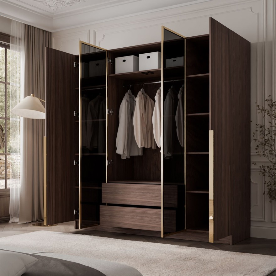 Kleiderschrank ATRIUM 4D NUSSBAUM GOLD mit Glasfront