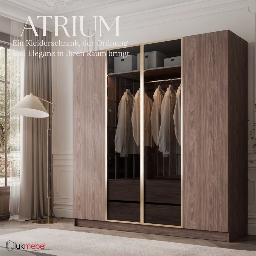 Kleiderschrank ATRIUM 4D NUSSBAUM GOLD mit Glasfront