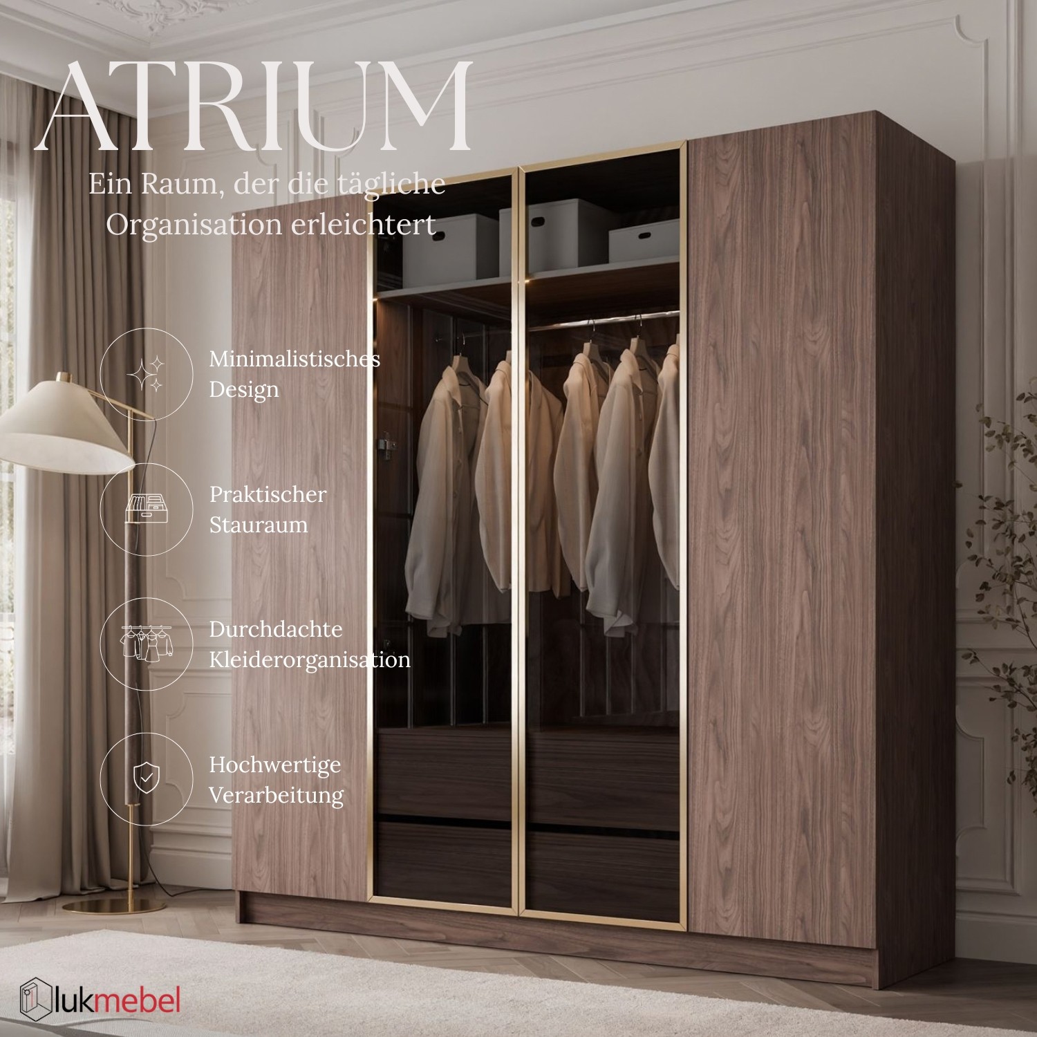 Kleiderschrank ATRIUM 4D NUSSBAUM GOLD mit Glasfront