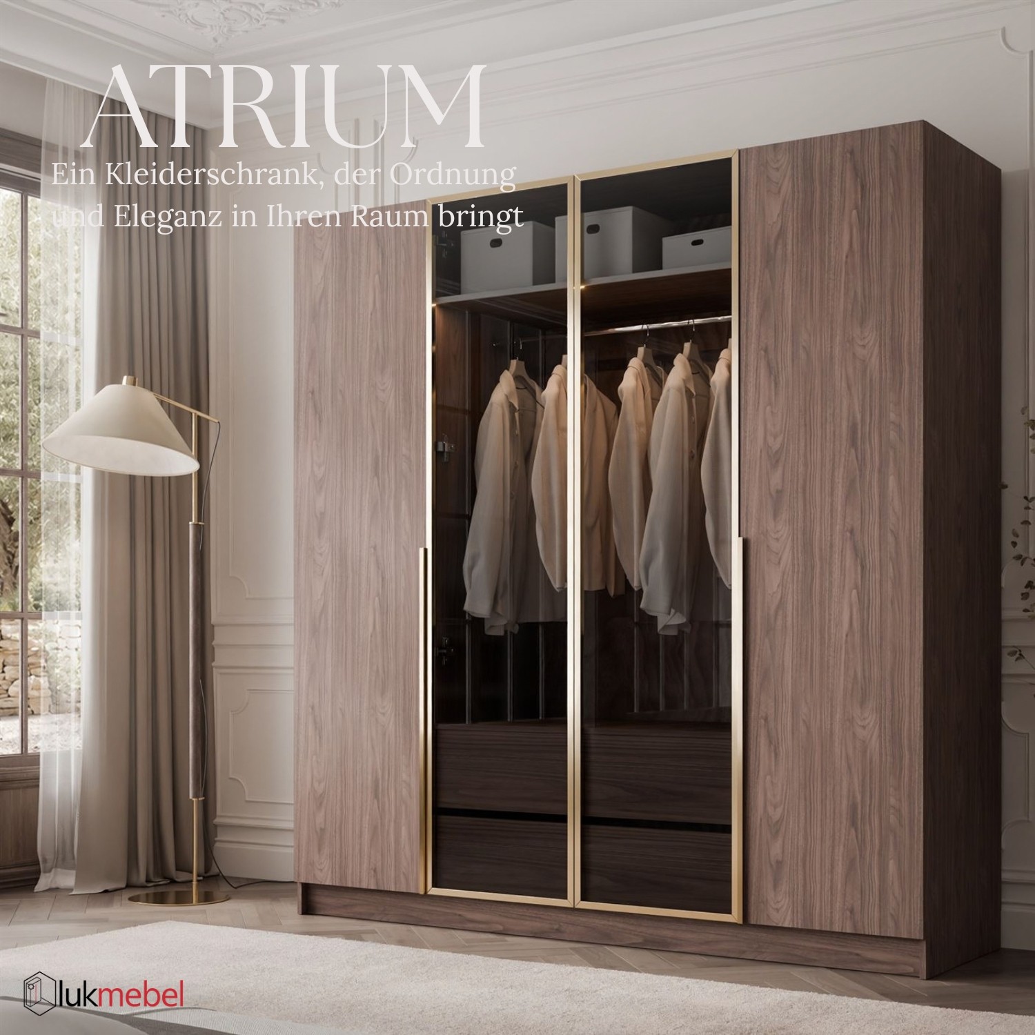 Kleiderschrank ATRIUM 4D NUSSBAUM GOLD mit Glasfront