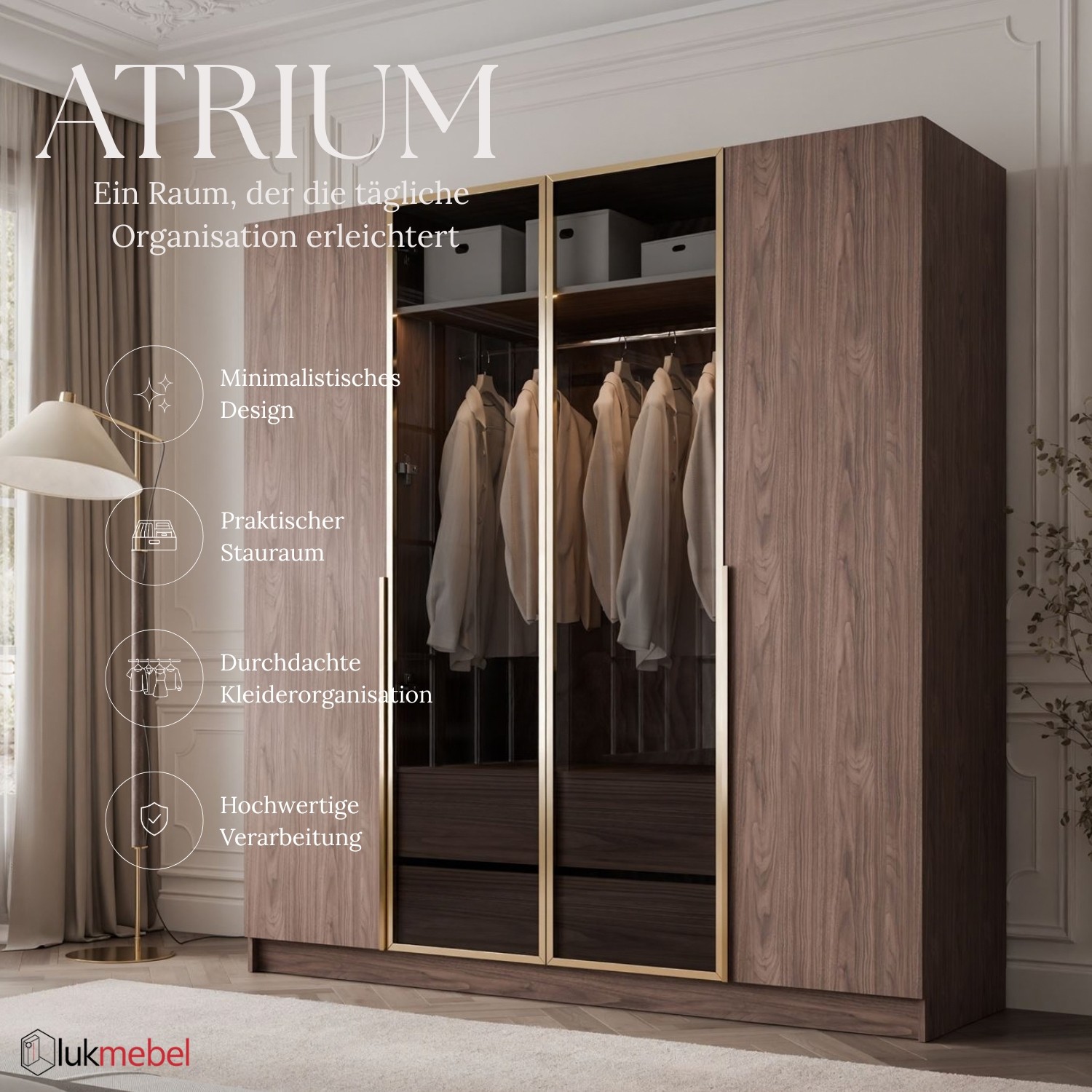 Kleiderschrank ATRIUM 4D NUSSBAUM GOLD mit Glasfront