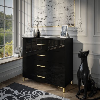 LINA GOLD 95 Kommode Schwarz Hochglanz mit goldenen Griffen und Beinen, LED-Beleuchtung