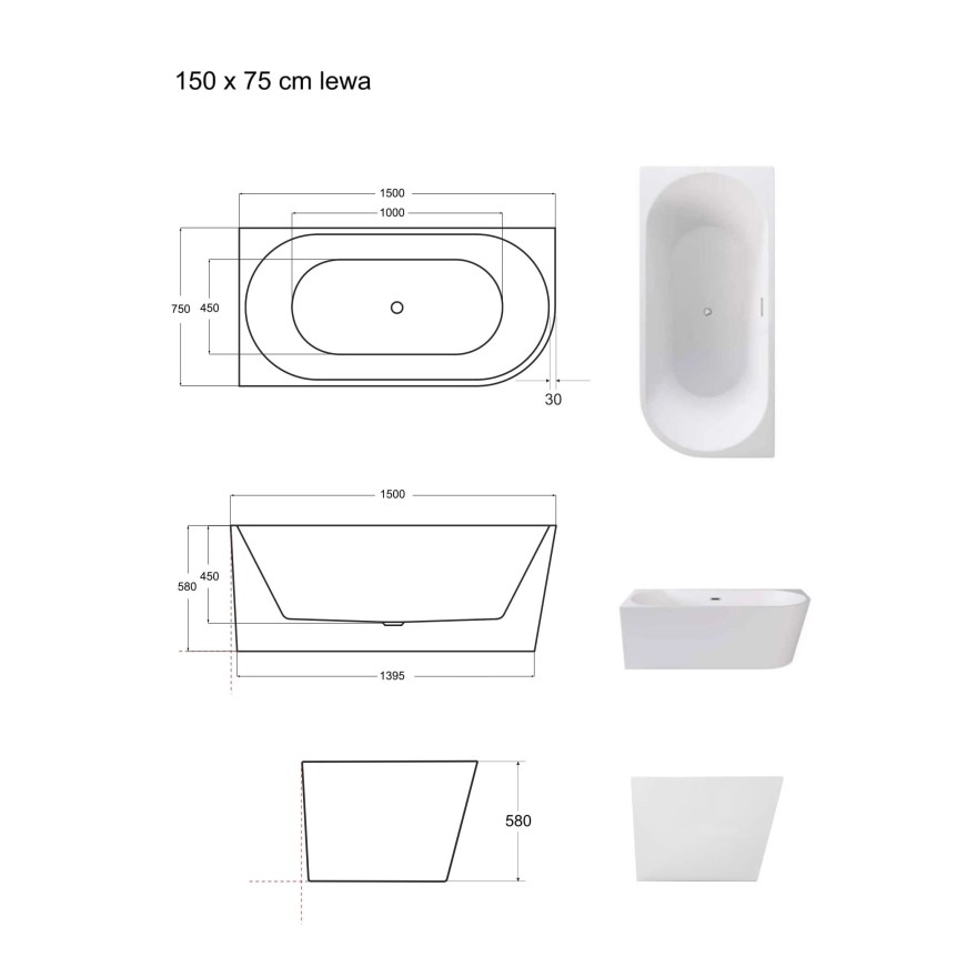 Freistehende Wandbadewanne ETNA