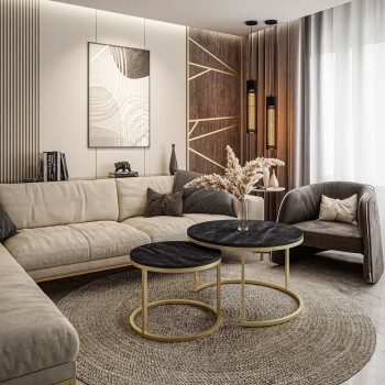 Okrągły stolik kawowy 2w1 CIRI SLIM złoty ciemny beton